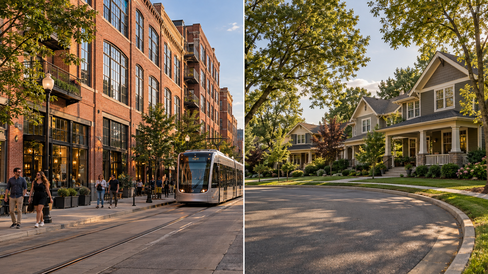 Side-by-side view of brick urban lofts and a modern streetcar alongside a tree-lined suburban cul-de-sac with craftsman-style homes. Side-by-side view of brick urban lofts and a modern streetcar alongside a tree-lined suburban cul-de-sac with craftsman-style homes.