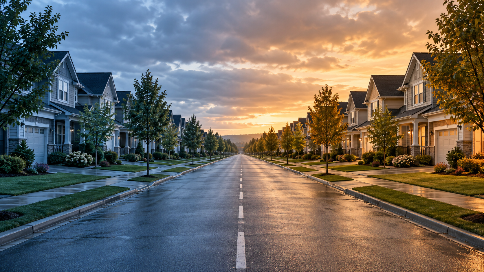 Residential street with matching homes on both sides, tinted cool blue on the left and warm amber on the right to symbolize two states. Residential street with matching homes on both sides, tinted cool blue on the left and warm amber on the right to symbolize two states.