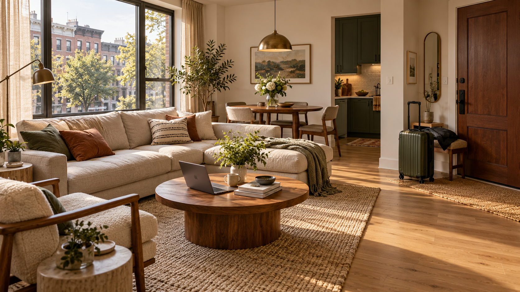 Cozy furnished apartment with a linen sofa, laptop on the coffee table, suitcase by the door, and leafy street views in warm morning light. Cozy furnished apartment with a linen sofa, laptop on the coffee table, suitcase by the door, and leafy street views in warm morning light.