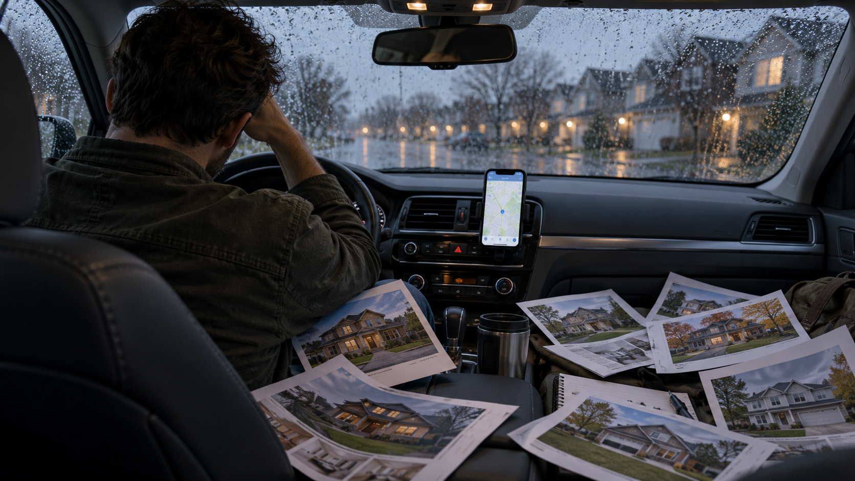 Overwhelmed home buyer in a parked car with scattered property flyers, a phone map, and houses visible through a rain-streaked windshield. Overwhelmed home buyer in a parked car with scattered property flyers, a phone map, and houses visible through a rain-streaked windshield.
