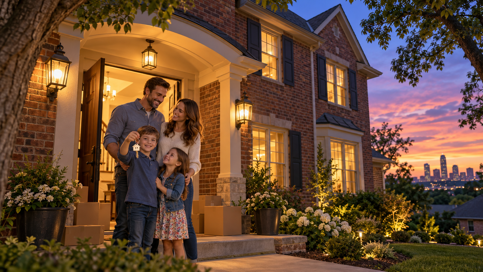 Happy family in the doorway of a two-story brick home at dusk, with a child holding house keys, moving boxes, and glowing porch lights. Happy family in the doorway of a two-story brick home at dusk, with a child holding house keys, moving boxes, and glowing porch lights.