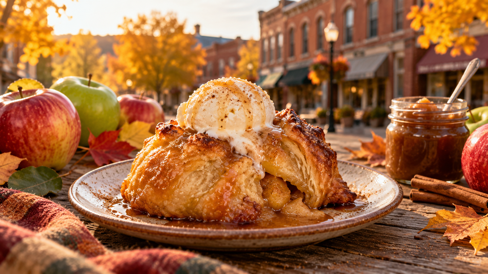 Golden apple dumpling topped with vanilla ice cream beside fresh apples and apple butter on a rustic table with fall foliage.