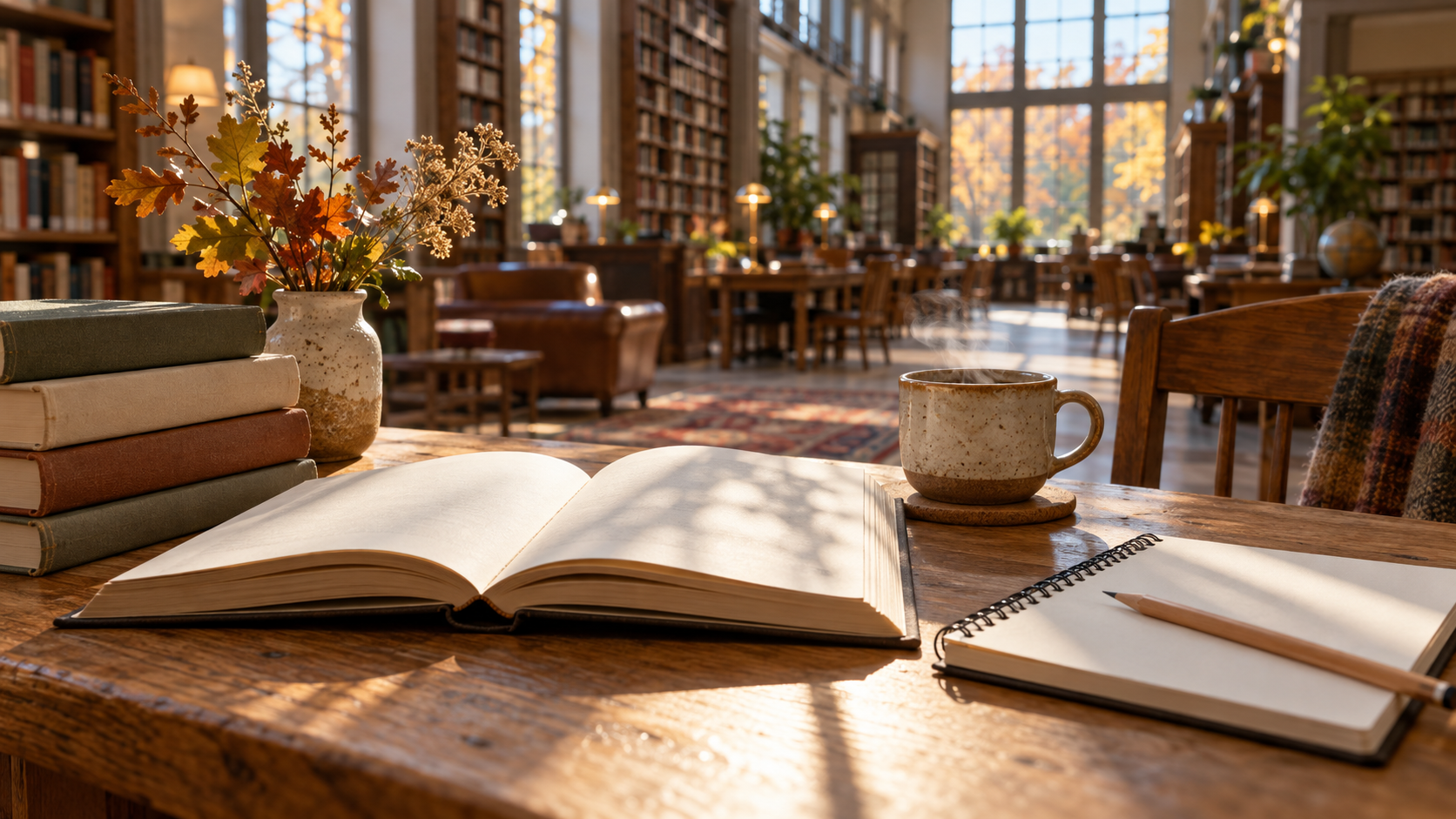Open book, stacked books, notebook, pencil, and coffee on an oak table in a sunlit library with autumn foliage outside.