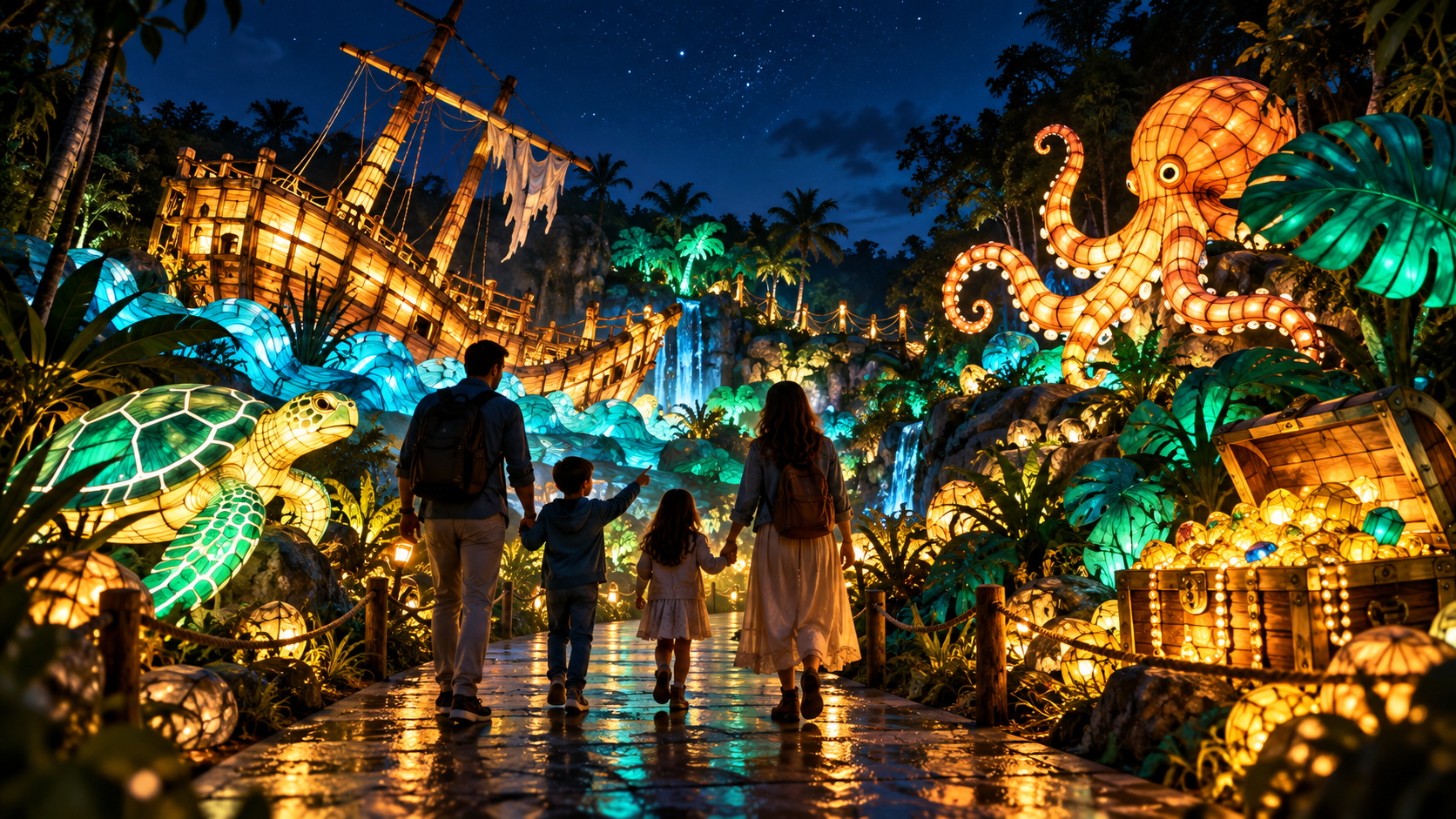 Conceptual illustration of a family exploring a nighttime lantern walk with a glowing shipwreck, sea creatures, and treasure chest.