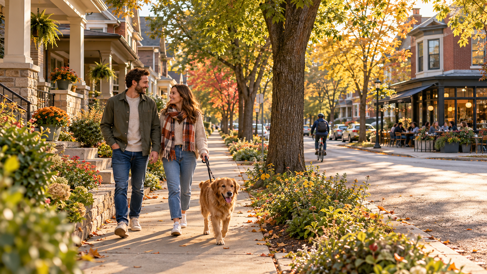 Couple walking a golden retriever past front porches and autumn trees in a fictional Kansas City-style neighborhood with a corner café.