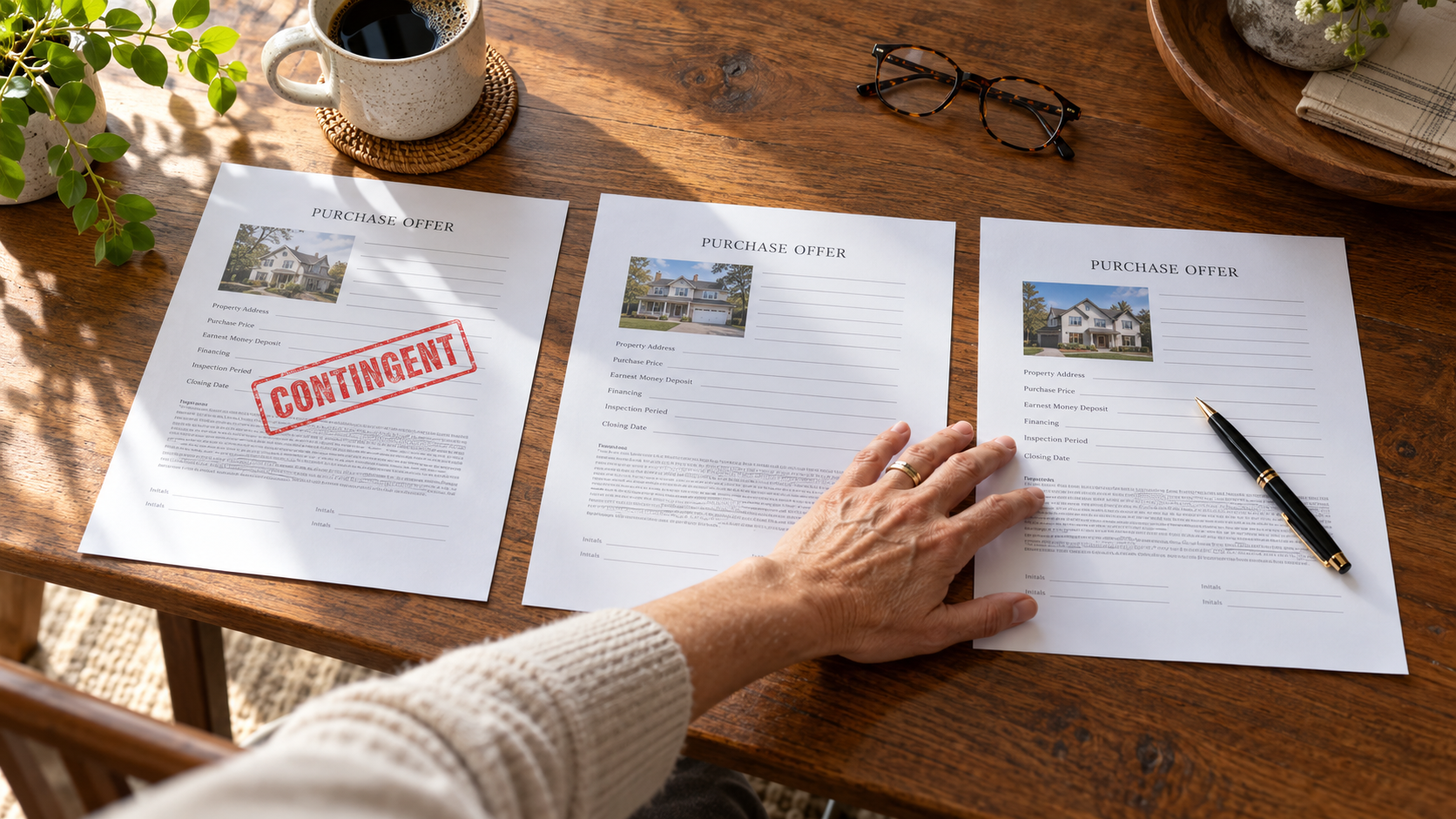 Seller reviewing three home purchase offers on a wooden table, reaching toward an unstamped offer beside one marked “CONTINGENT.