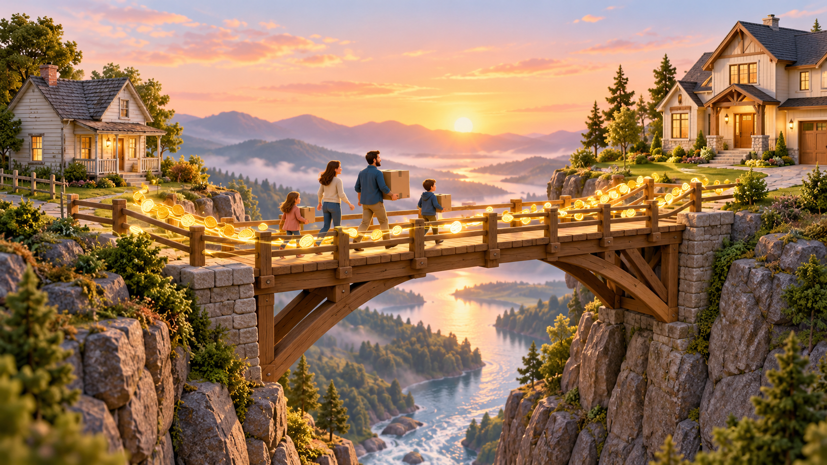 Illustration of a family crossing a wooden bridge between two homes, with glowing coins symbolizing home equity used to buy before selling.
