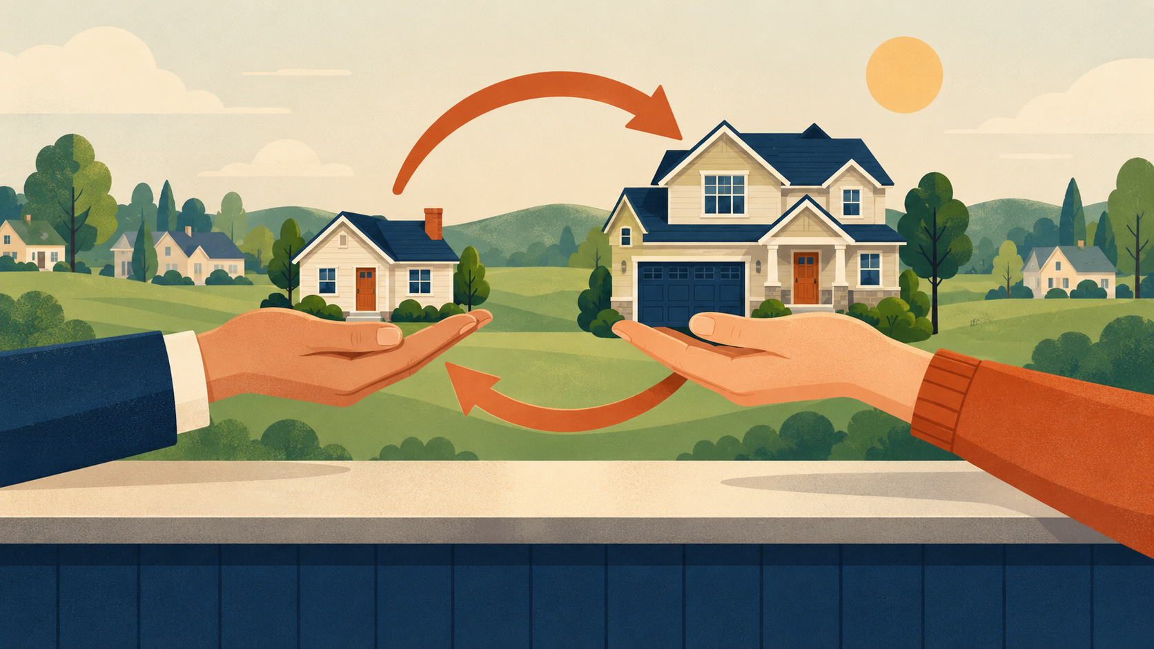 Illustration of hands exchanging a small house for a larger home, with circular arrows symbolizing a home trade-in.