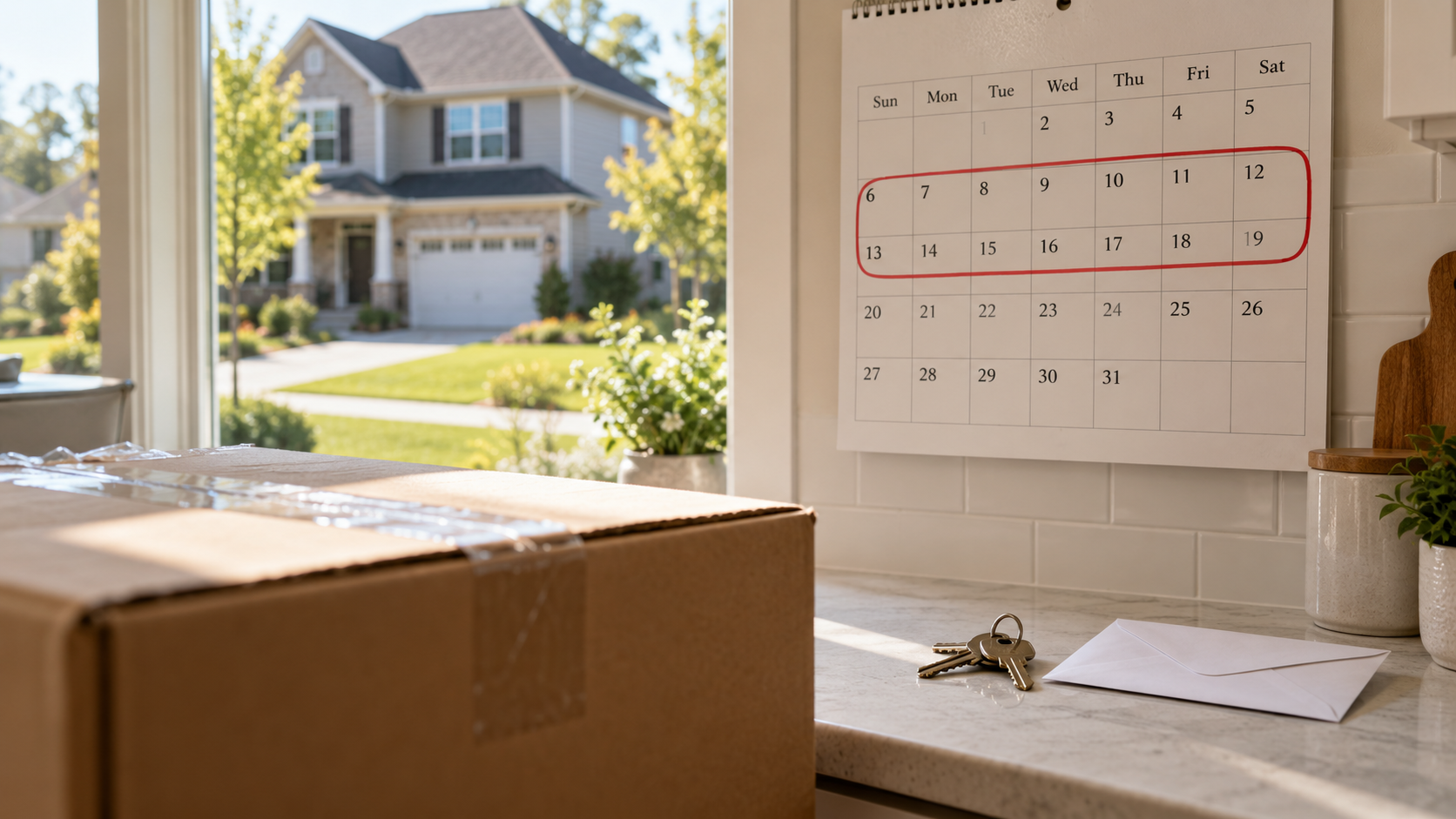 Kitchen calendar with 14 days circled, house keys, a sealed envelope, and a moving box beside a window overlooking a suburban home.