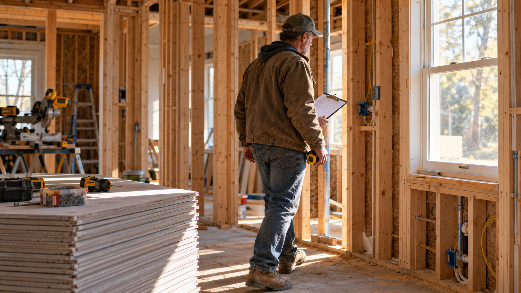 Real estate investor holding a clipboard and measuring tape while inspecting exposed framing and a new window in a partially renovated home.