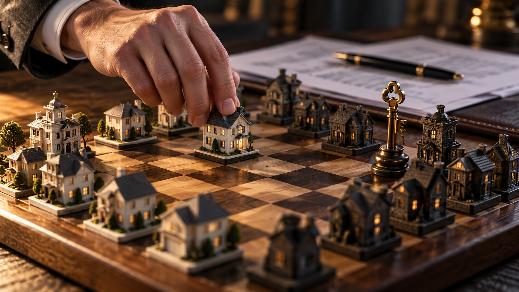 Hand moving a miniature house on a chessboard beside a key-shaped king, with real estate contracts blurred in the background.