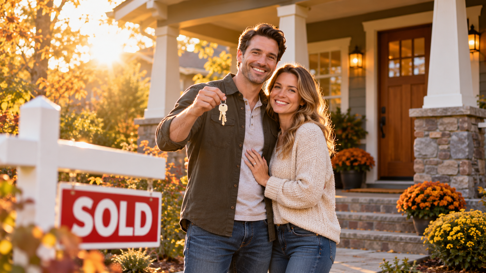 Smiling couple holding house keys on a craftsman home’s front porch, with a sold sign and autumn mums in warm evening light.