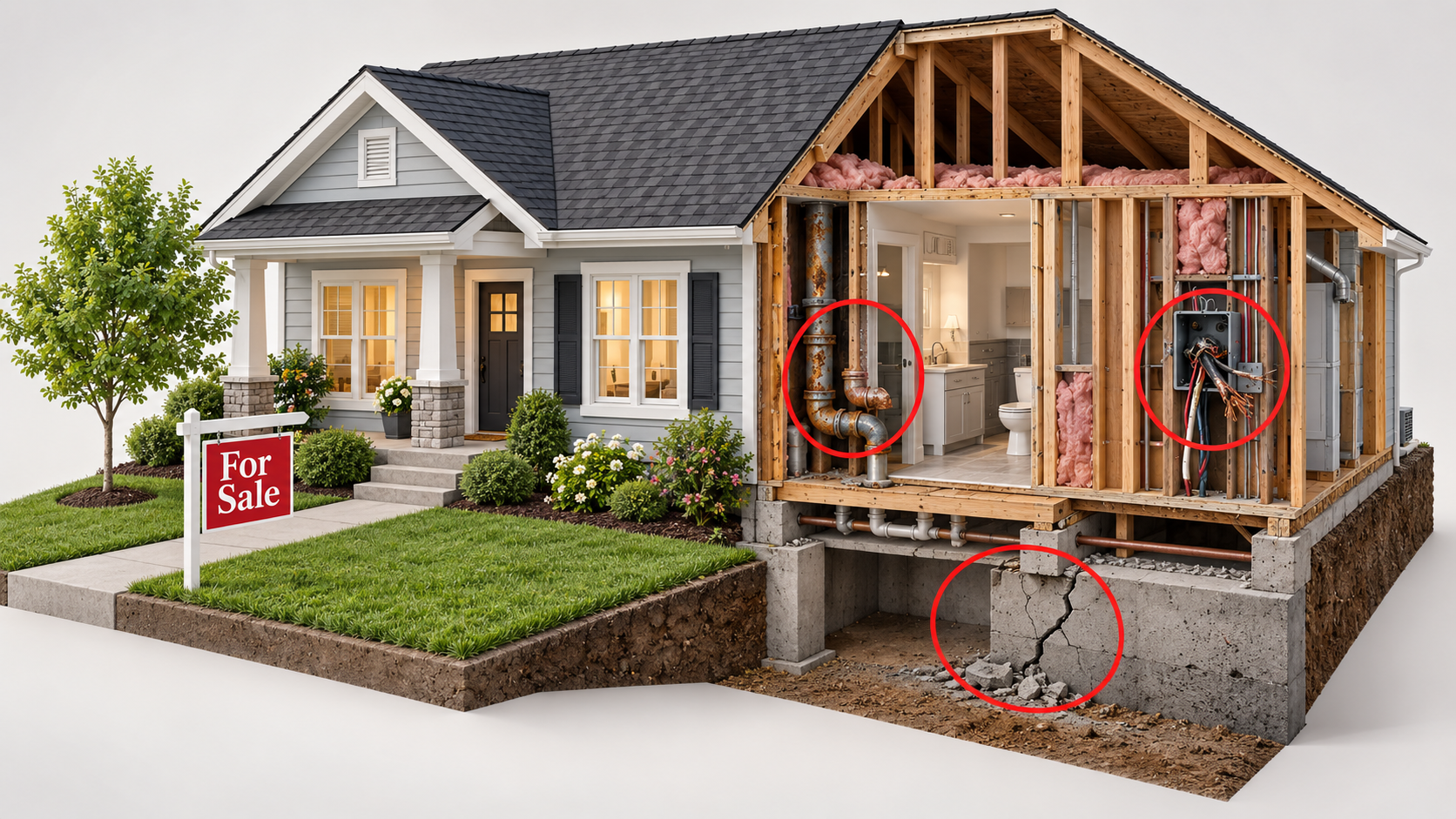 Cutaway house illustration revealing a cracked foundation, rusted pipes, and frayed wiring highlighted in red behind a polished exterior.