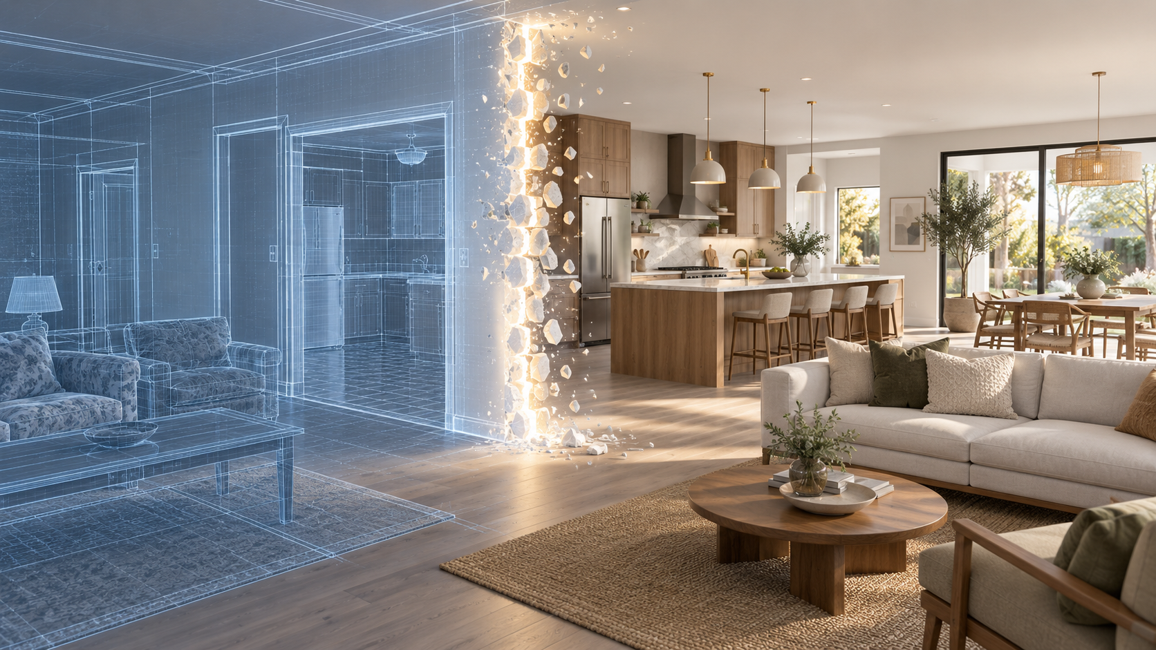 Architectural visualization showing a blue wireframe of enclosed rooms transitioning into a bright, modern open-concept kitchen and living room.