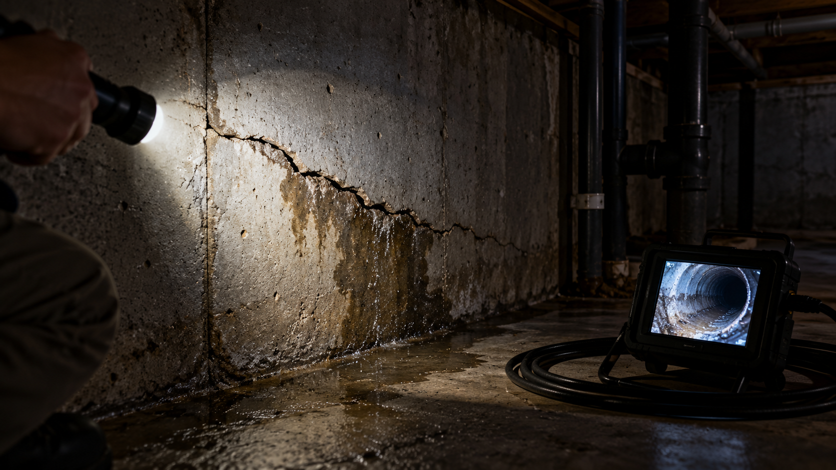 Inspector’s flashlight illuminates a cracked basement foundation wall and moisture stains, with a sewer camera monitor on the floor nearby.
