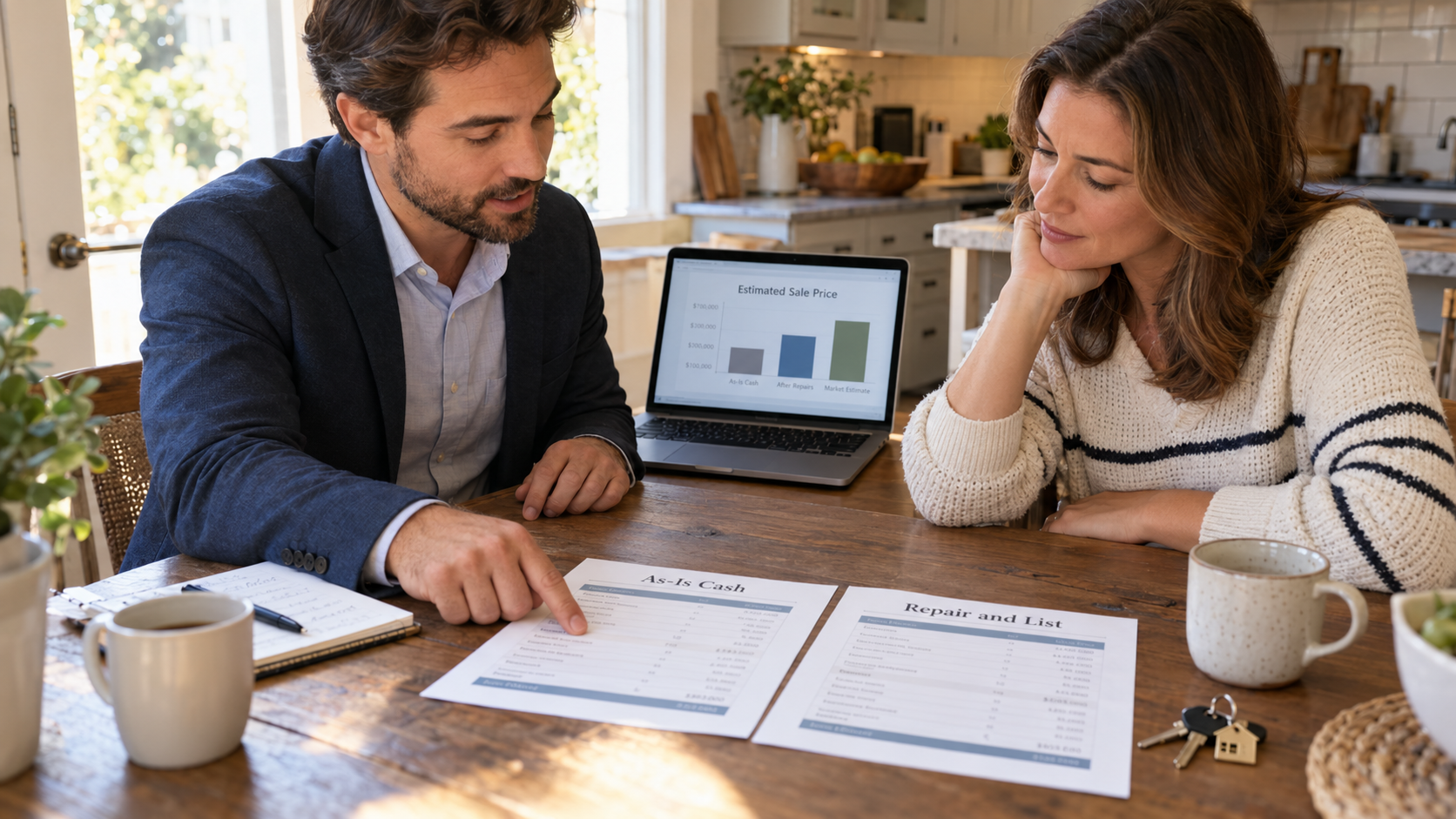 Real estate agent and homeowner compare “As-Is Cash” and “Repair and List” seller net sheets at a kitchen table.