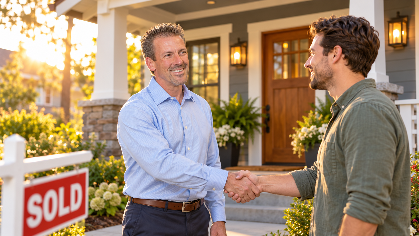 AI-generated image of Jason DeLong shaking hands with a smiling client on a renovated craftsman home’s porch, with a Sold sign in the foreground.