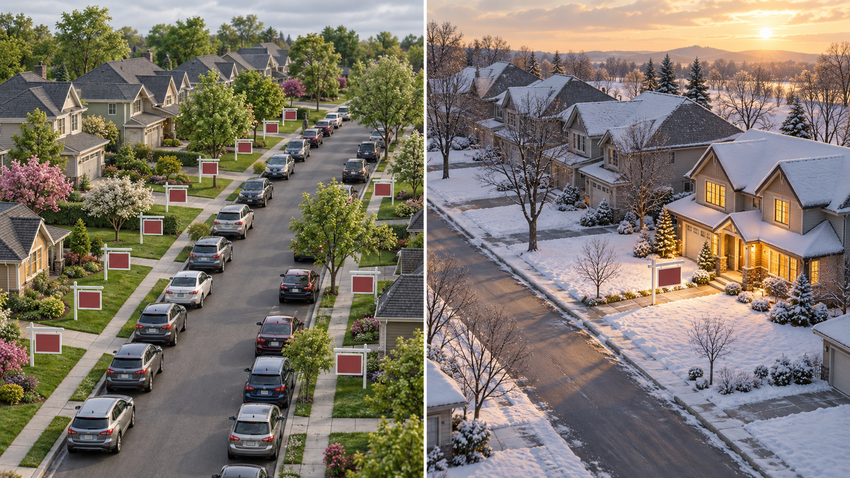 Split-scene illustration comparing a spring street crowded with yard signs and cars to a snowy winter street with one warmly lit home and a single yard sign. Split-scene illustration comparing a spring street crowded with yard signs and cars to a snowy winter street with one warmly lit home and a single yard sign.