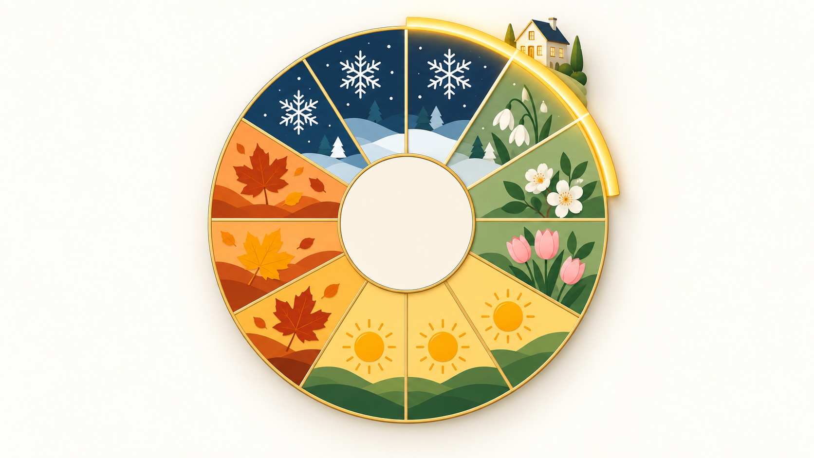 Twelve-segment seasonal calendar wheel with snowflakes, flowers, suns, and autumn leaves, featuring a house on a glowing winter-to-spring arc. Twelve-segment seasonal calendar wheel with snowflakes, flowers, suns, and autumn leaves, featuring a house on a glowing winter-to-spring arc.