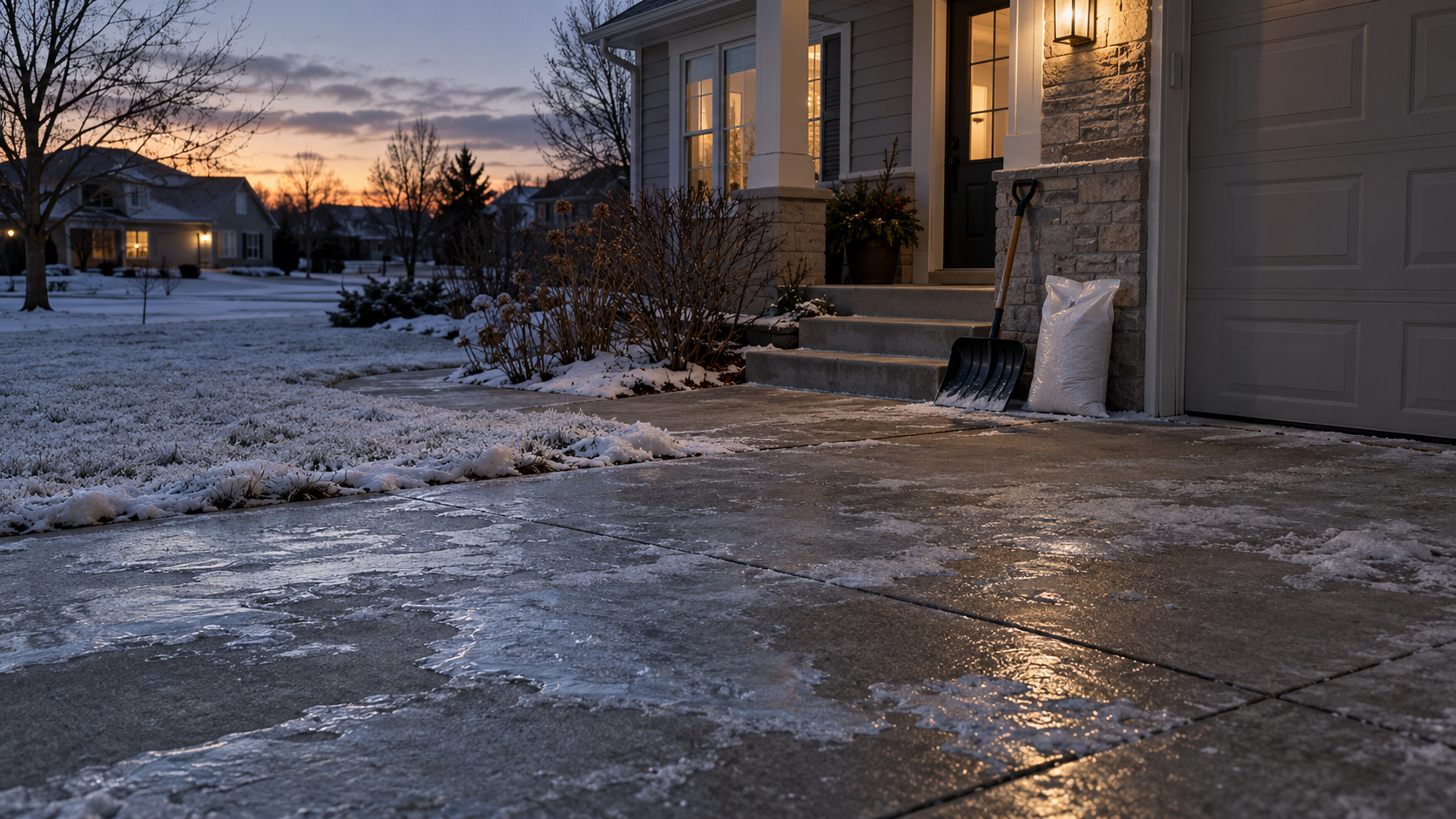 Icy suburban driveway and front walk at dusk, with a snow shovel and bag of ice melt beside warmly lit porch steps. Icy suburban driveway and front walk at dusk, with a snow shovel and bag of ice melt beside warmly lit porch steps.