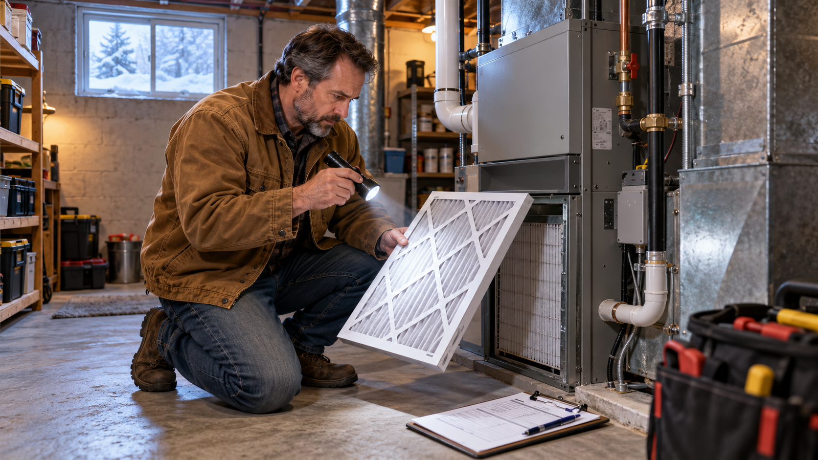 Builder kneeling beside a basement furnace, inspecting a new air filter with a flashlight, with a service clipboard nearby and snow outside the window. Builder kneeling beside a basement furnace, inspecting a new air filter with a flashlight, with a service clipboard nearby and snow outside the window.