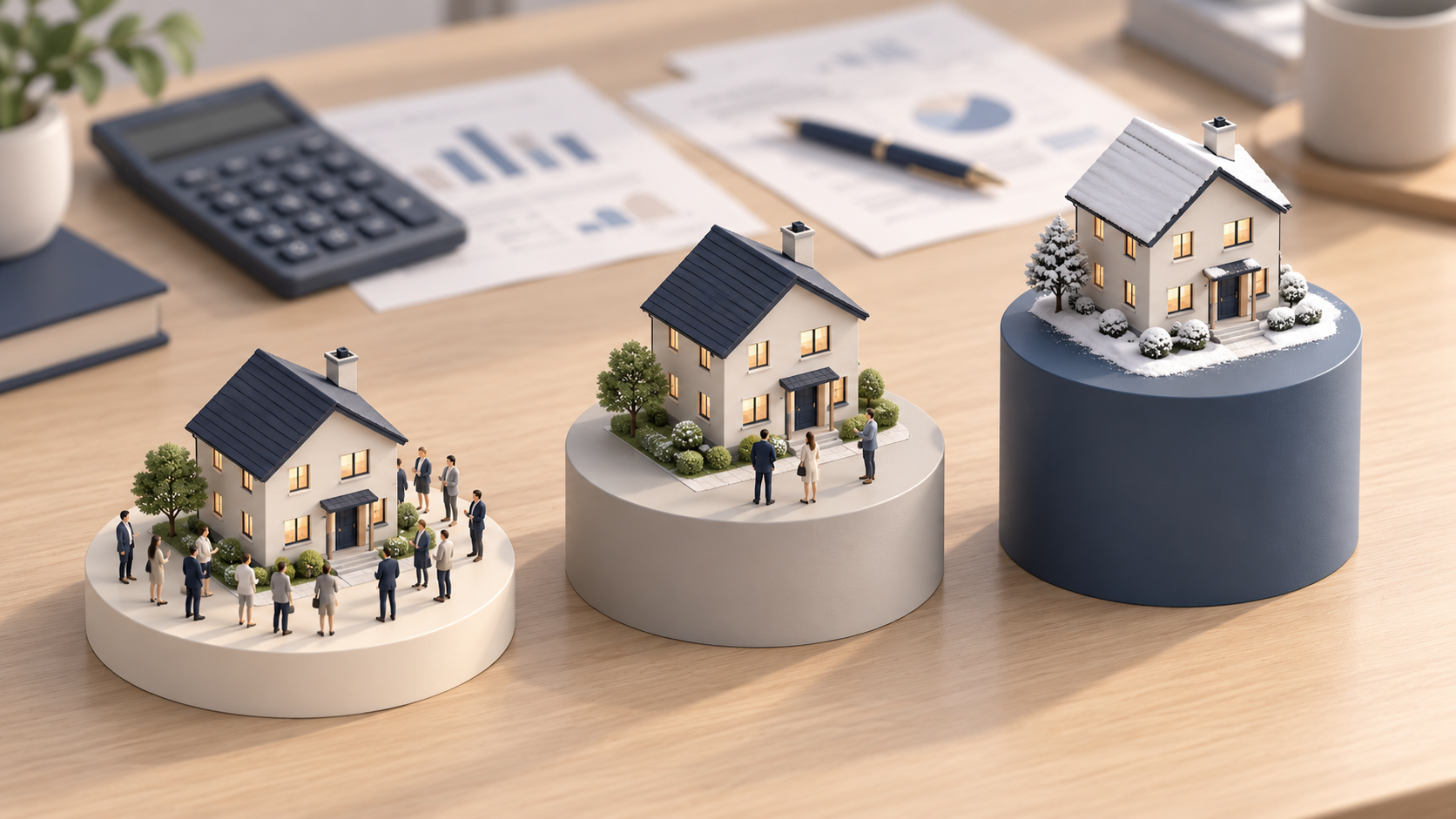Three model homes on increasingly tall pedestals, with many buyer figures around the lowest, three around the middle, and none around the snow-dusted tallest. Three model homes on increasingly tall pedestals, with many buyer figures around the lowest, three around the middle, and none around the snow-dusted tallest.