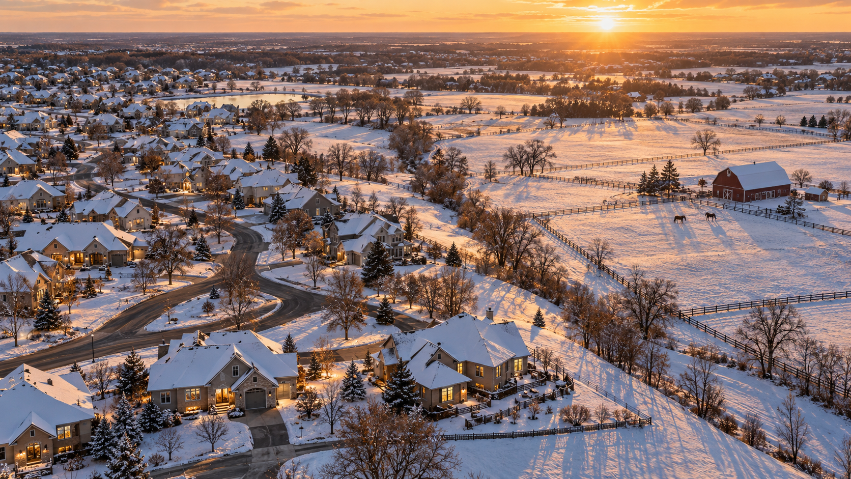 Aerial view of a Kansas City-style neighborhood blanketed in snow at golden hour, with winding streets, glowing windows, and a red barn beside fenced pasture. Aerial view of a Kansas City-style neighborhood blanketed in snow at golden hour, with winding streets, glowing windows, and a red barn beside fenced pasture.
