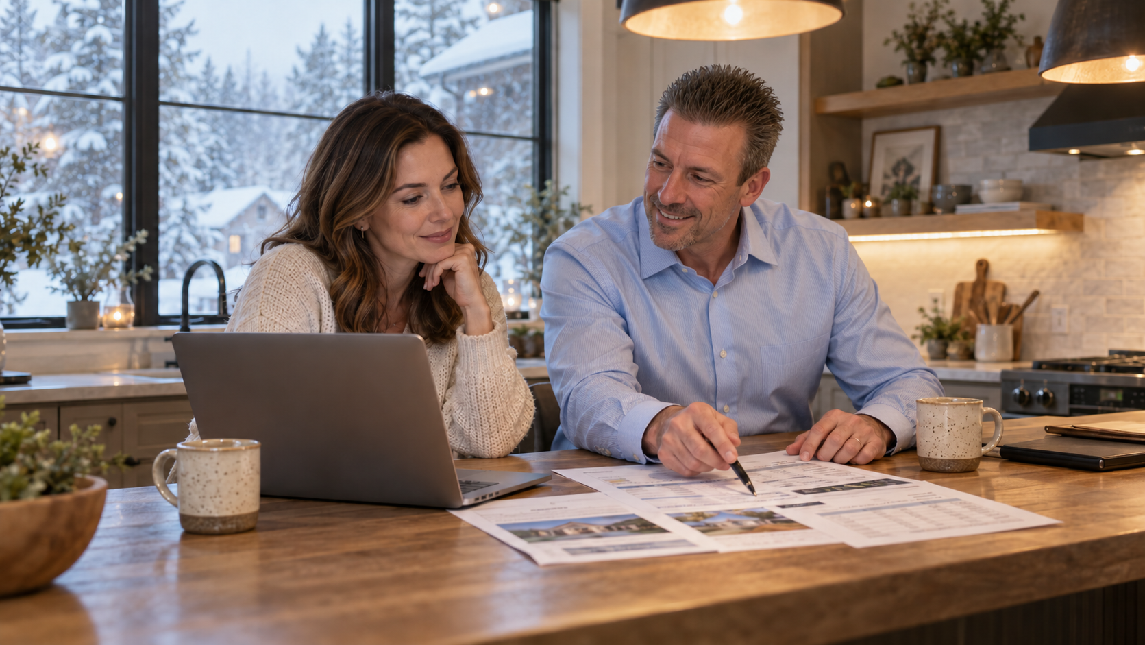 Jason DeLong reviewing home selling options with a homeowner at a kitchen island, with a laptop, printed net sheets, and snow outside. Jason DeLong reviewing home selling options with a homeowner at a kitchen island, with a laptop, printed net sheets, and snow outside.