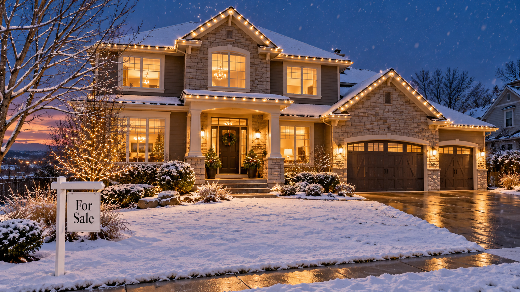 Two-story suburban home at twilight with holiday lights, glowing windows, a front-door wreath, and a “For Sale” sign in the snowy lawn. Two-story suburban home at twilight with holiday lights, glowing windows, a front-door wreath, and a “For Sale” sign in the snowy lawn.
