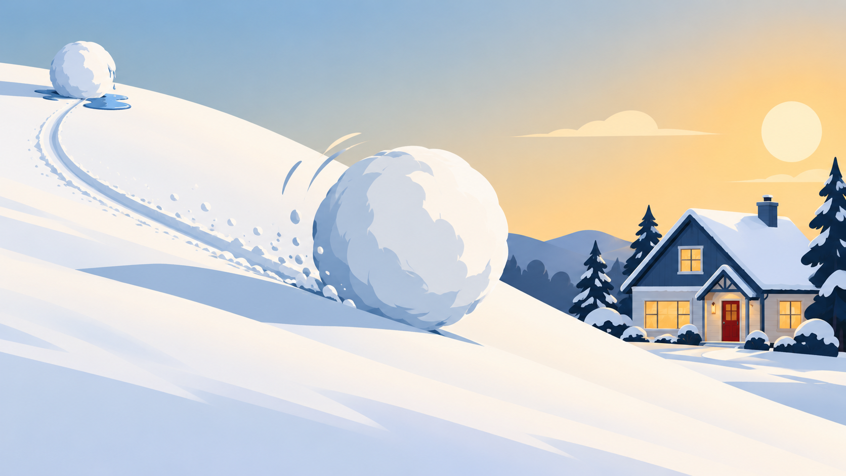 Illustration of a large snowball rolling toward a cozy home while a smaller snowball melts atop a snowy hill, symbolizing home-selling momentum. Illustration of a large snowball rolling toward a cozy home while a smaller snowball melts atop a snowy hill, symbolizing home-selling momentum.