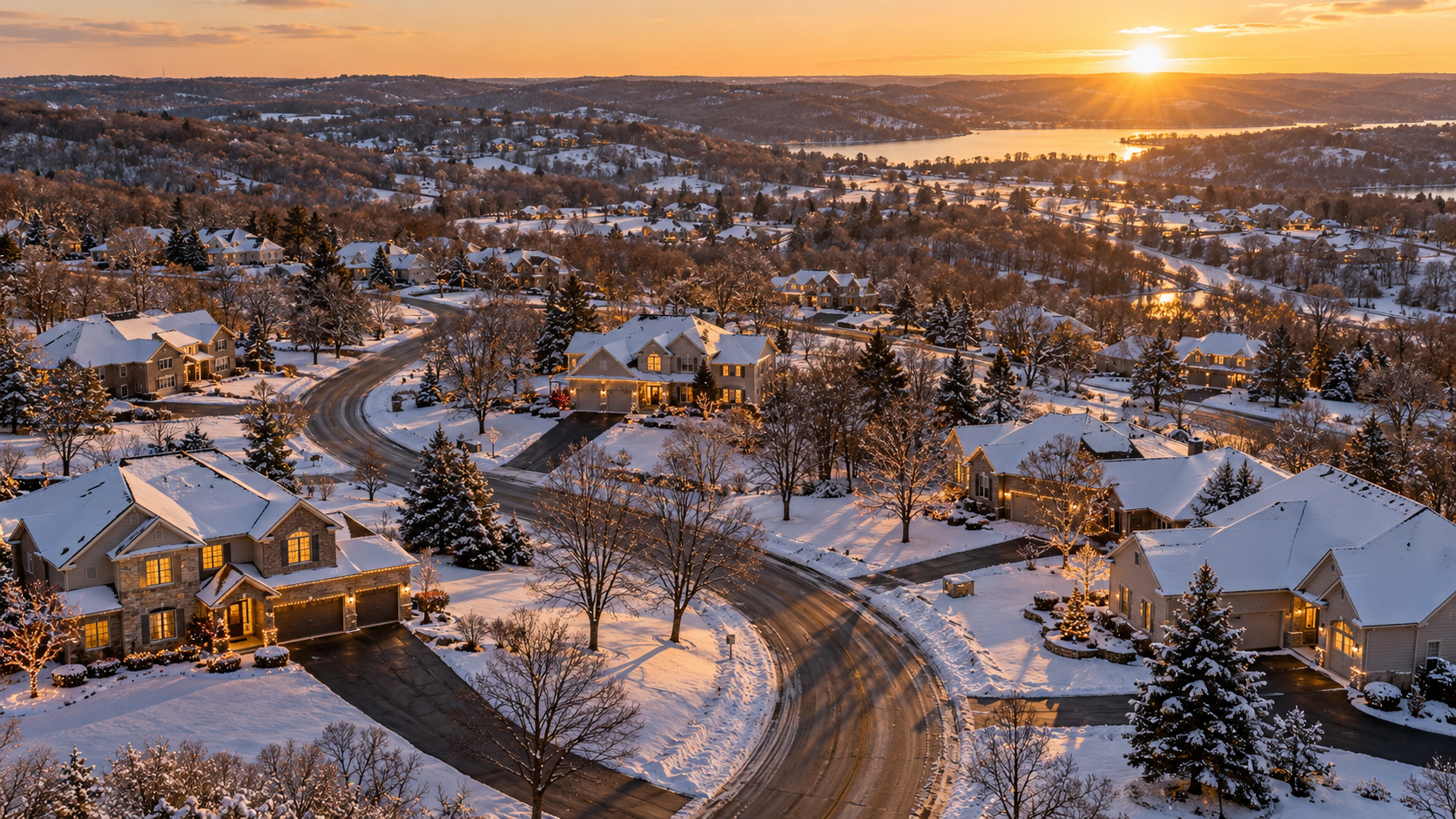 Aerial view of a snow-covered Midwestern neighborhood with curving streets, glowing windows, and holiday lights at golden hour. Aerial view of a snow-covered Midwestern neighborhood with curving streets, glowing windows, and holiday lights at golden hour.