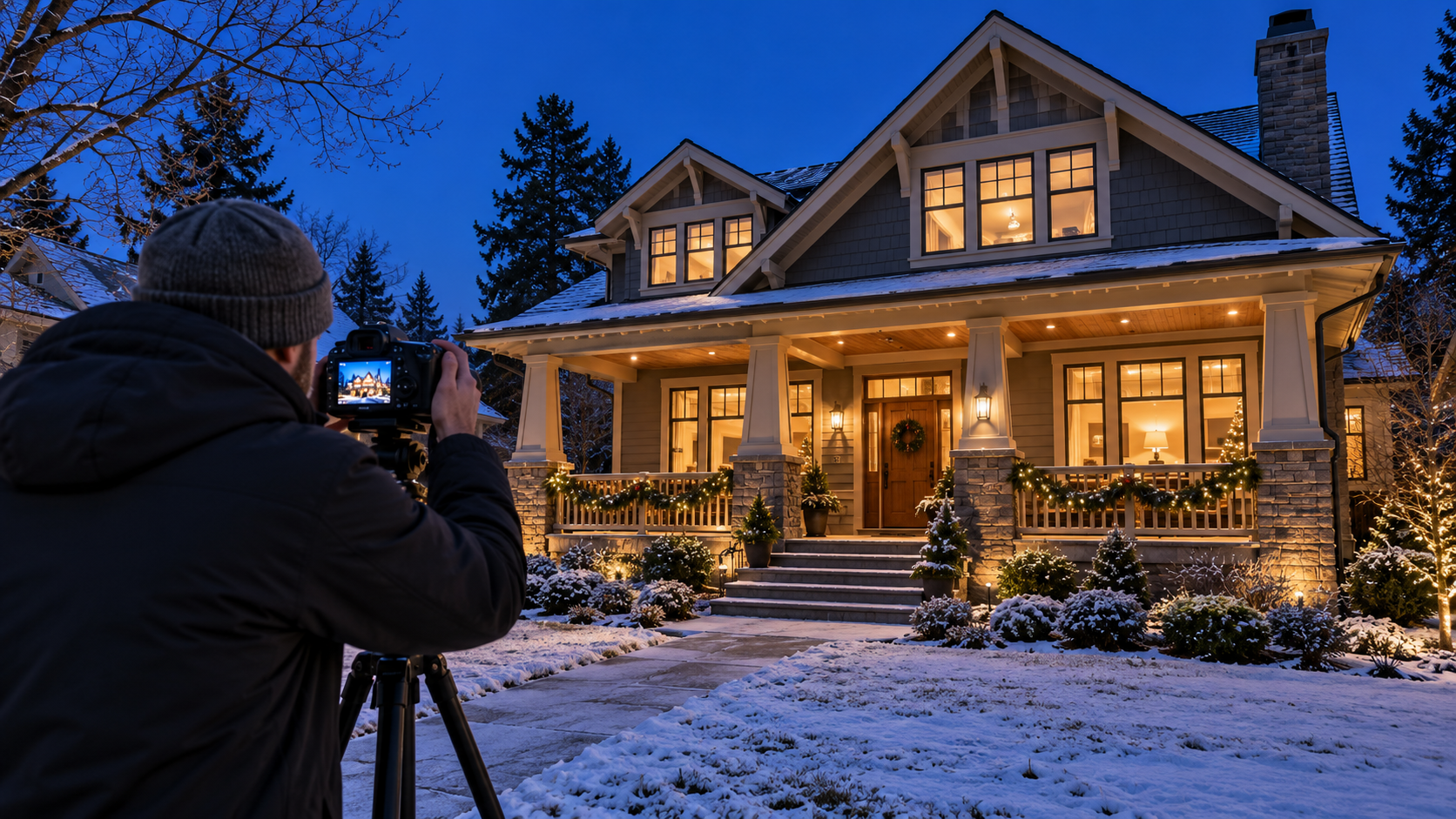 Real estate photographer using a tripod to capture a craftsman home at twilight, with glowing windows, holiday garland, and a snowy walkway. Real estate photographer using a tripod to capture a craftsman home at twilight, with glowing windows, holiday garland, and a snowy walkway.