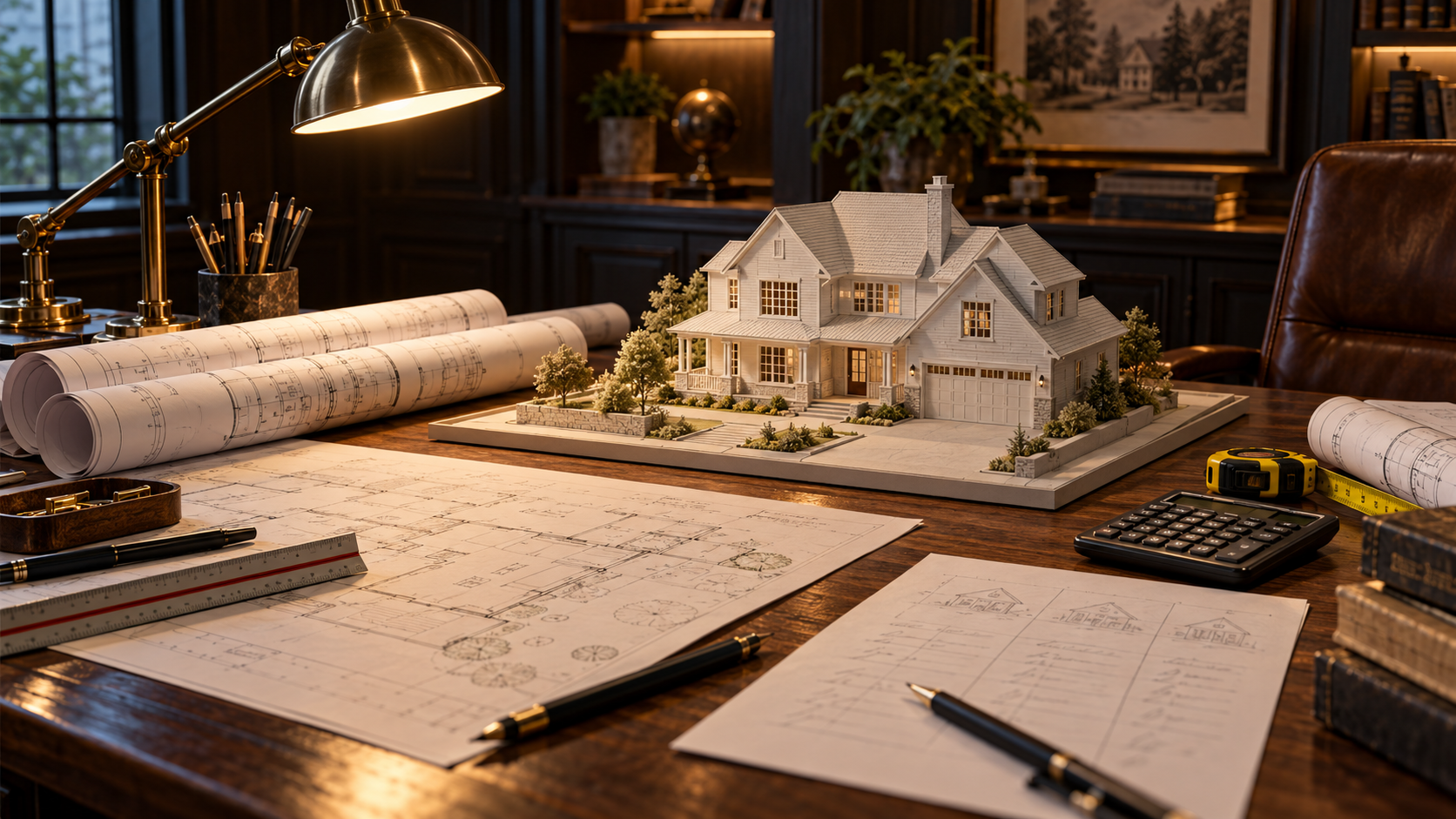 Architectural drafting table with a detailed scale model home, rolled blueprints, calculator, pricing worksheet, and drafting tools under warm desk lighting. Architectural drafting table with a detailed scale model home, rolled blueprints, calculator, pricing worksheet, and drafting tools under warm desk lighting.