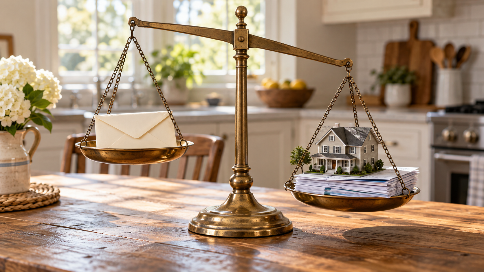 Brass balance scale weighing a sealed envelope against a model house, property tax bills, and mortgage statements on a sunlit kitchen table.