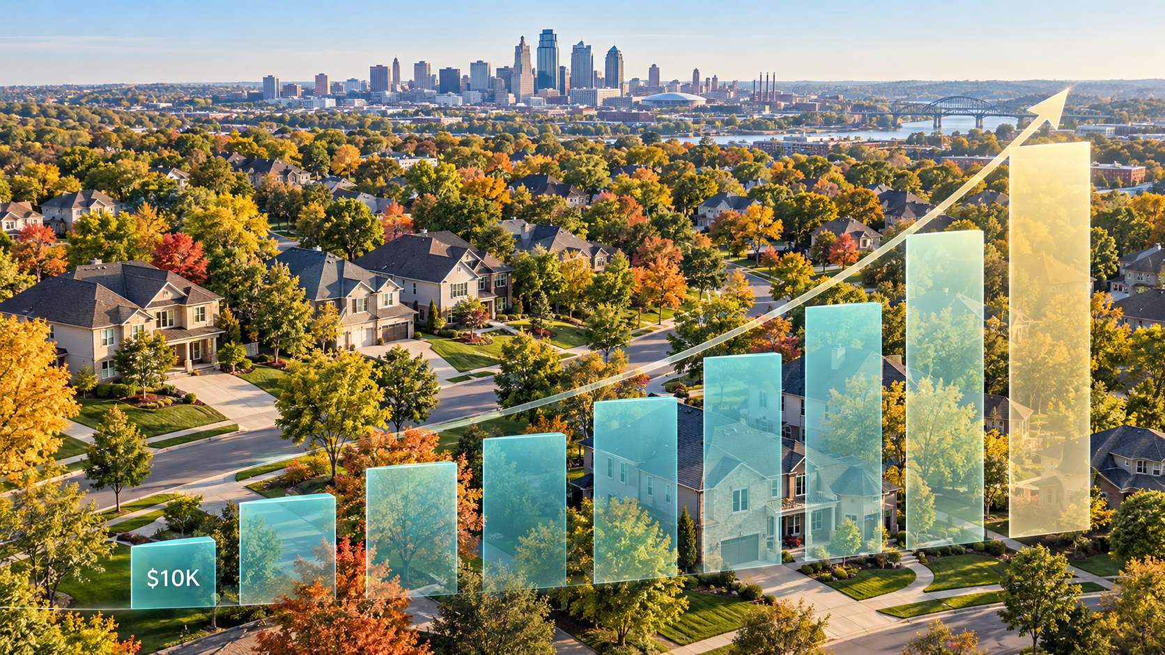 Aerial view of a Kansas City neighborhood in autumn with a translucent rising bar graph starting at $10K, illustrating an expanded tax deduction cap.