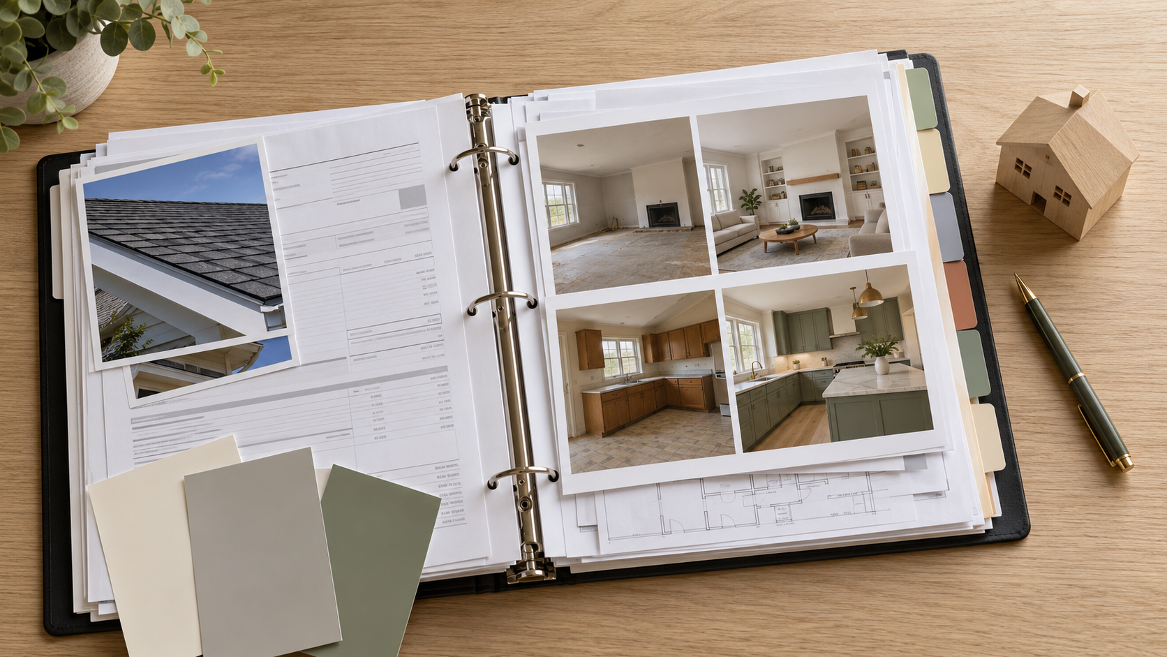 Organized home renovation binder with contractor invoices, before-and-after photos, roofing documents, and paint swatches beside a wooden house model.