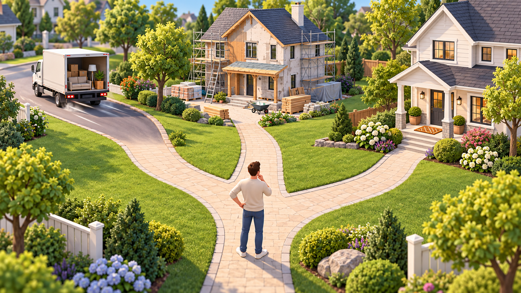 3D illustration of a homeowner at three branching paths leading to a moving truck, a house under renovation, and a welcoming new home.