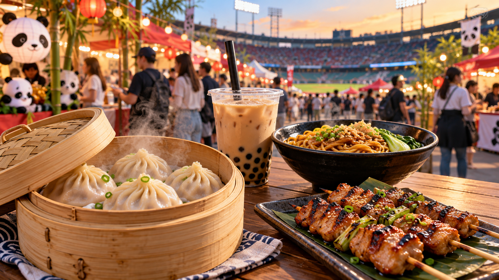 [IMAGE PROMPT: Close-up of an inviting Asian street food spread at an outdoor food festival, freshly steamed dumplings in a bamboo basket, grilled skewers, a bowl of noodles, and a clear cup of bubble tea arranged on a picnic table, visitors browsing colorful vendor booths with small panda-themed decorations in the softly blurred background, distant baseball stadium seating suggesting a ballpark setting without recreating a specific venue, appetizing realistic food textures and gentle steam, warm early-evening light with subtle string-light glow, photorealistic editorial food and travel photography, illustrative festival scene rather than an actual Panda Fest photograph, no readable menus, text, logos, or watermarks, --ar 16:9]