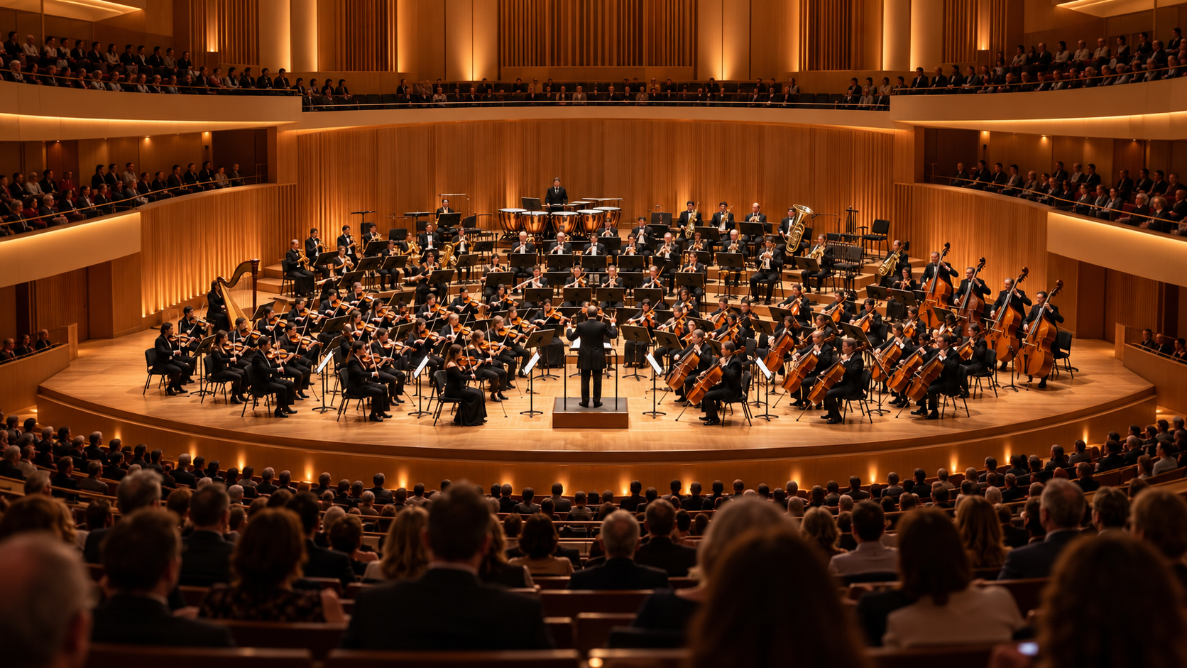Symphony orchestra performing on a warmly lit wooden stage, with a conductor, string musicians, and audience seating in a contemporary concert hall. Symphony orchestra performing on a warmly lit wooden stage, with a conductor, string musicians, and audience seating in a contemporary concert hall.