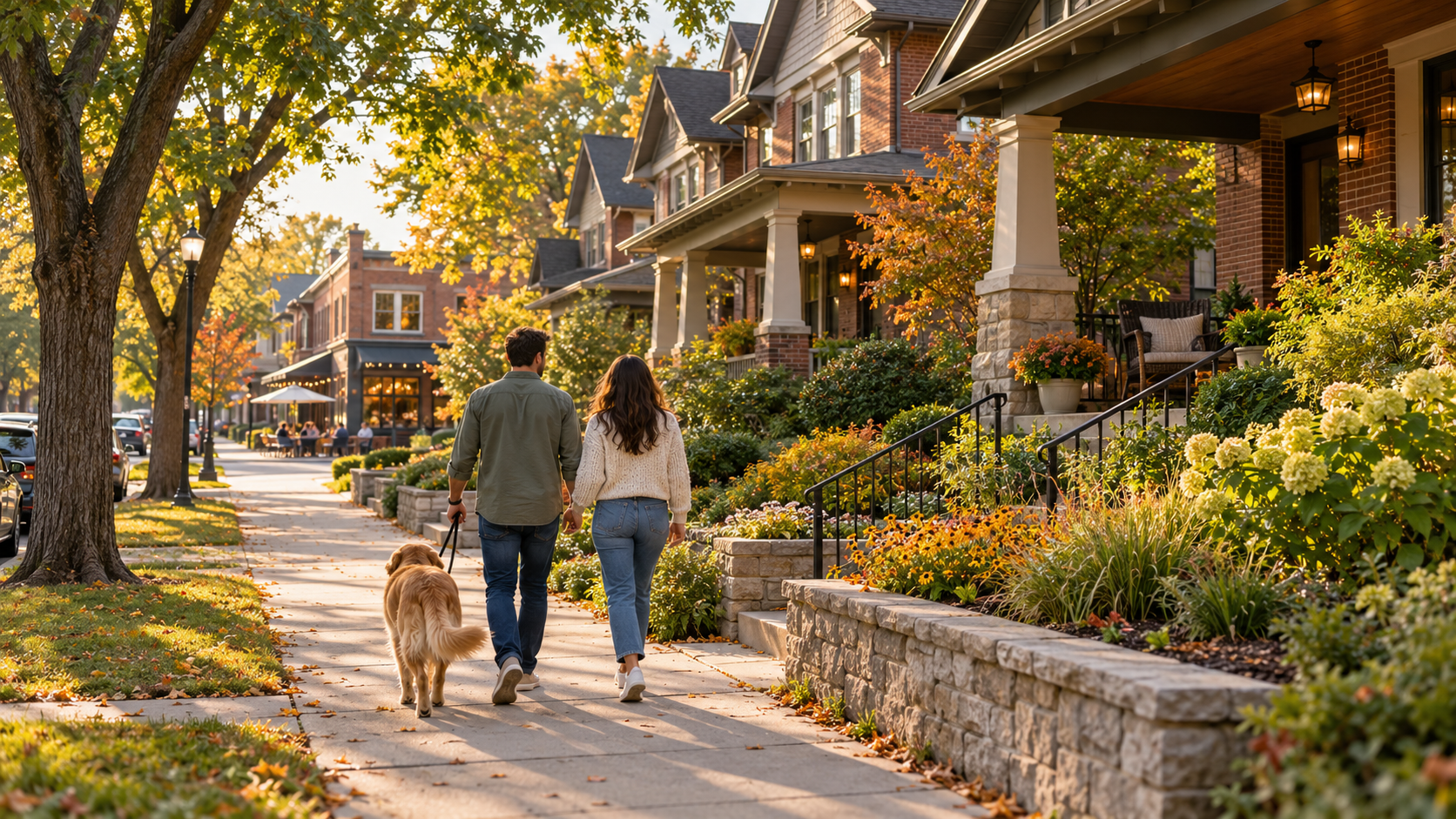 SEO alt text Couple walking a dog past brick and craftsman-style homes on a tree-lined, Kansas City-inspired sidewalk in early autumn. SEO alt text Couple walking a dog past brick and craftsman-style homes on a tree-lined, Kansas City-inspired sidewalk in early autumn.