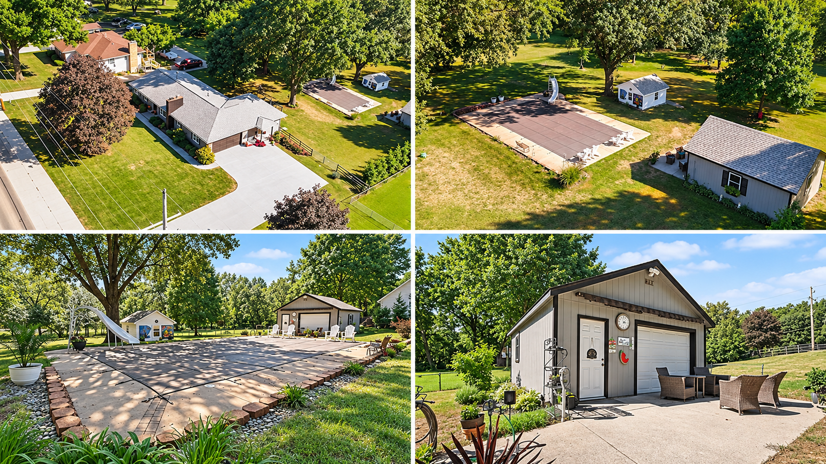Photo collage of 10035 W 55th Street in Merriam, KS, showing aerial views of the home and grounds, covered pool, and detached workshop with patio. Photo collage of 10035 W 55th Street in Merriam, KS, showing aerial views of the home and grounds, covered pool, and detached workshop with patio.