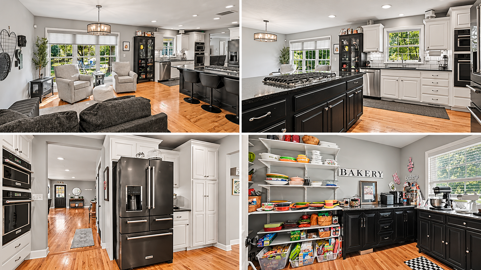 Interior photo collage of 10035 W 55th Street in Merriam, KS, showing the kitchen island, white cabinetry, adjoining seating area, and pantry storage. Interior photo collage of 10035 W 55th Street in Merriam, KS, showing the kitchen island, white cabinetry, adjoining seating area, and pantry storage.