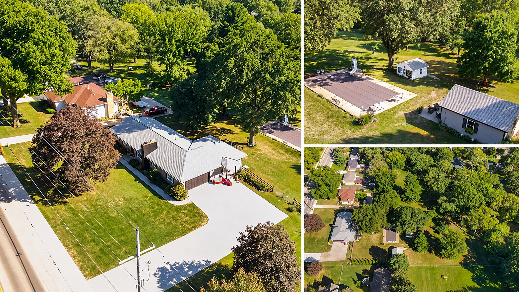  Aerial photo collage of 10035 W 55th Street in Merriam, KS, showing the home, driveway, covered pool, separate workshop, and tree-lined grounds.