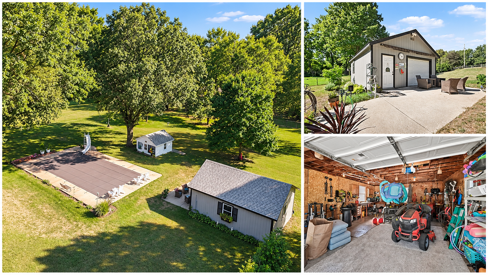Photo collage of 10035 W 55th Street in Merriam, KS, showing the covered pool, tree-lined grounds, and detached workshop exterior and interior.