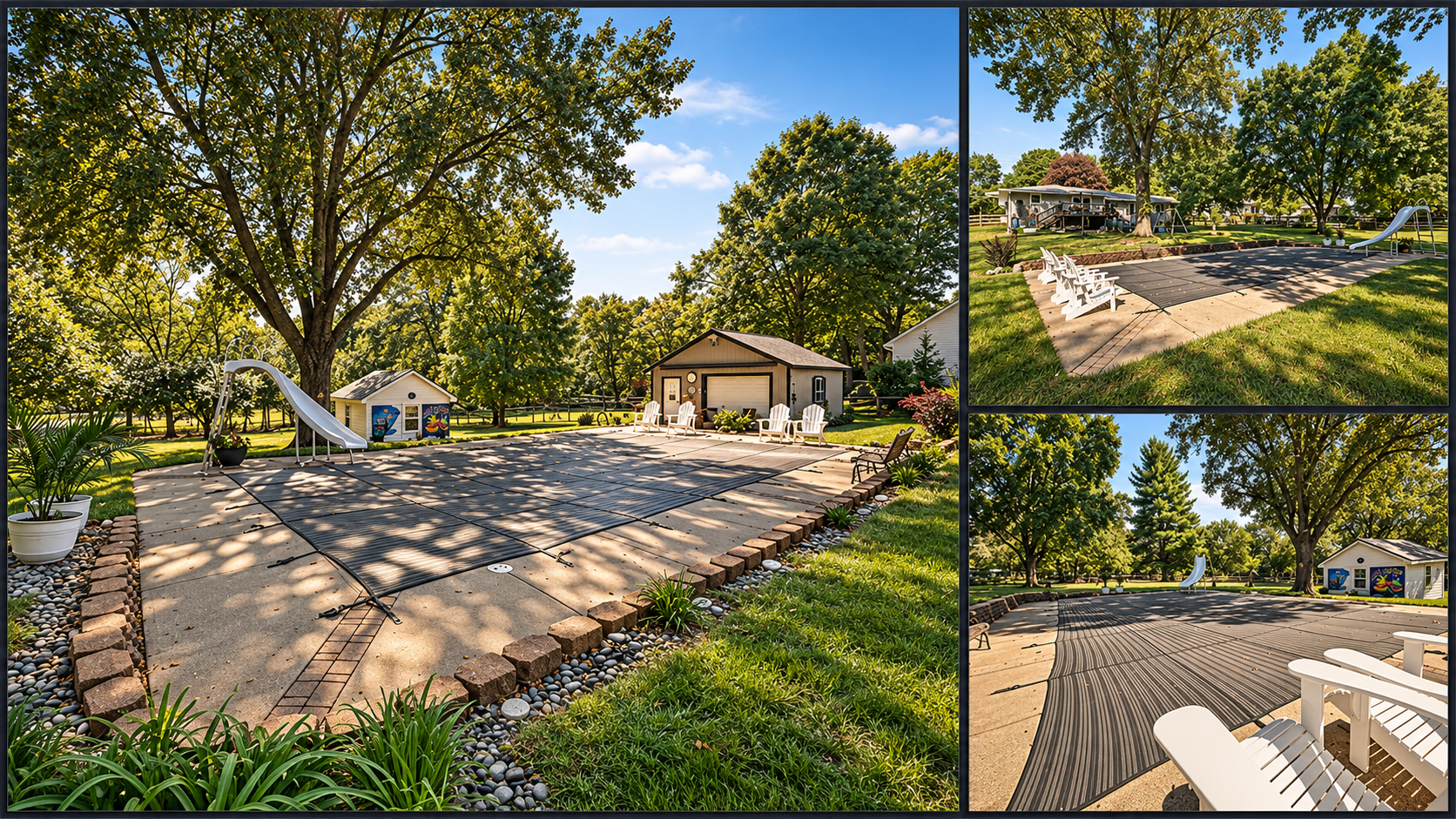 Photo collage of 10035 W 55th Street in Merriam, KS, showing the covered pool, slide, patio seating, mature trees, and detached workshop.