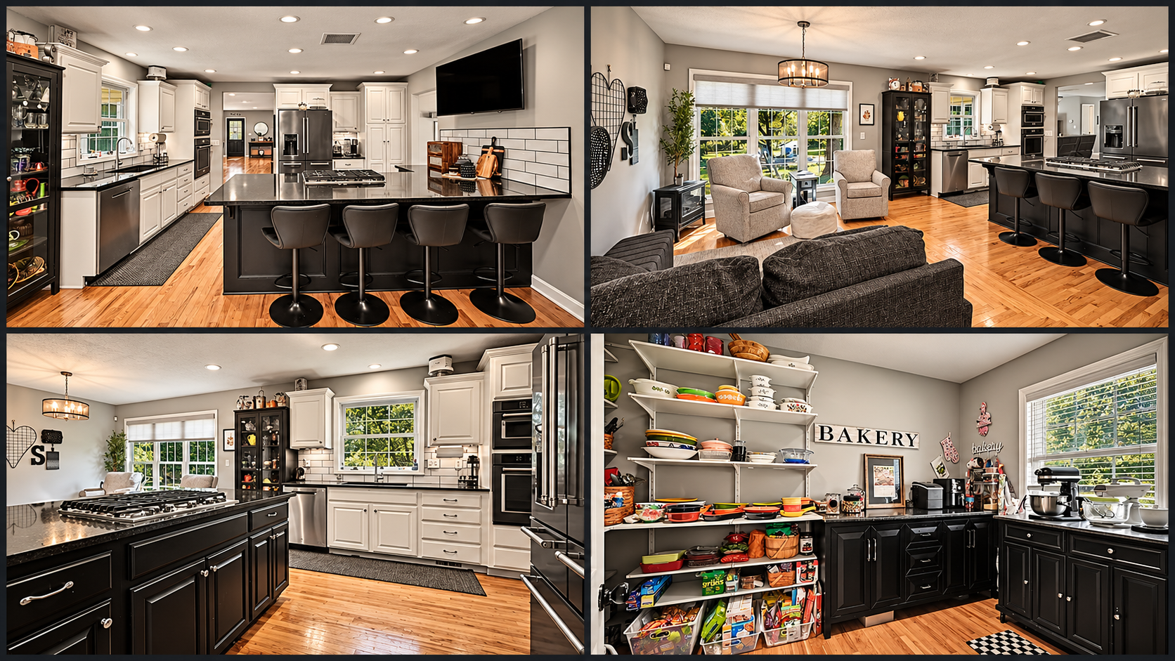 Interior photo collage of 10035 W 55th Street in Merriam, KS, featuring white kitchen cabinets, a black island, adjoining sitting area, and spacious pantry.