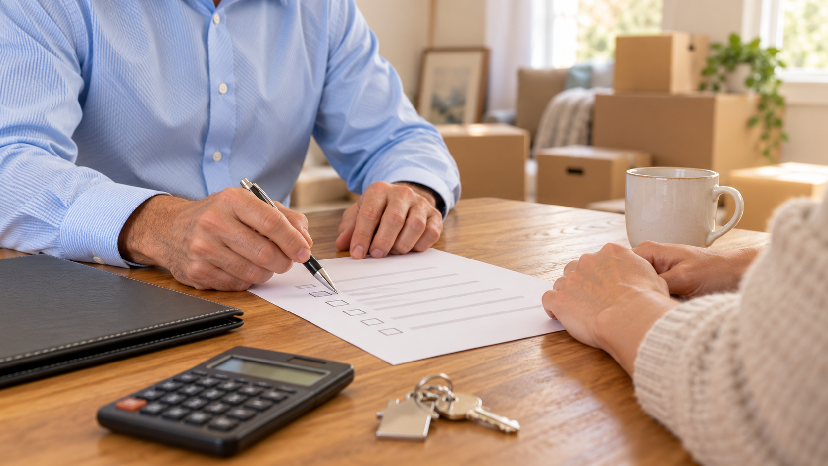 Homeowner and real estate advisor reviewing a home-sale checklist at an oak table with house keys, a calculator, and moving boxes nearby.