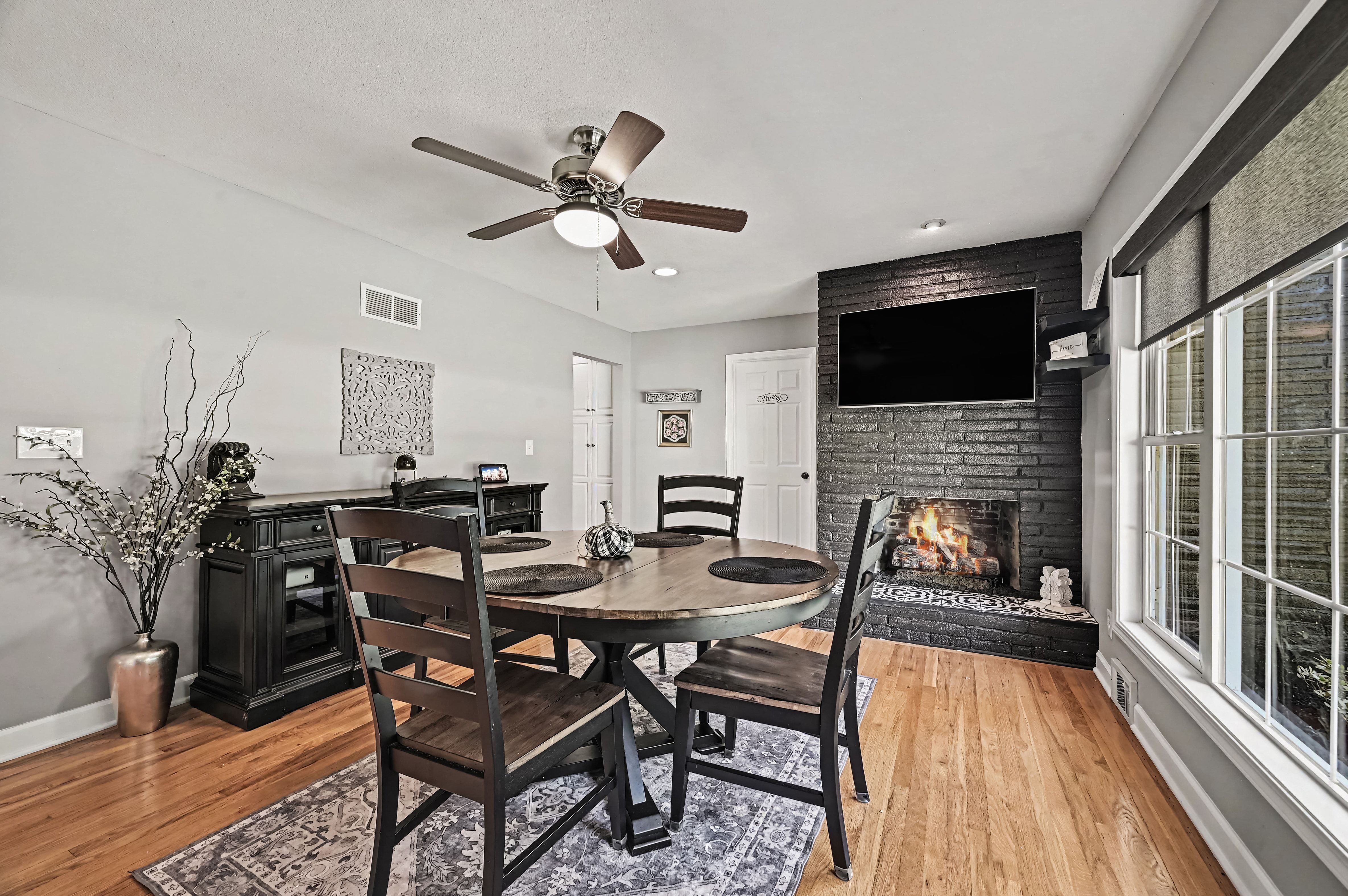 Hearth room with brick fireplace