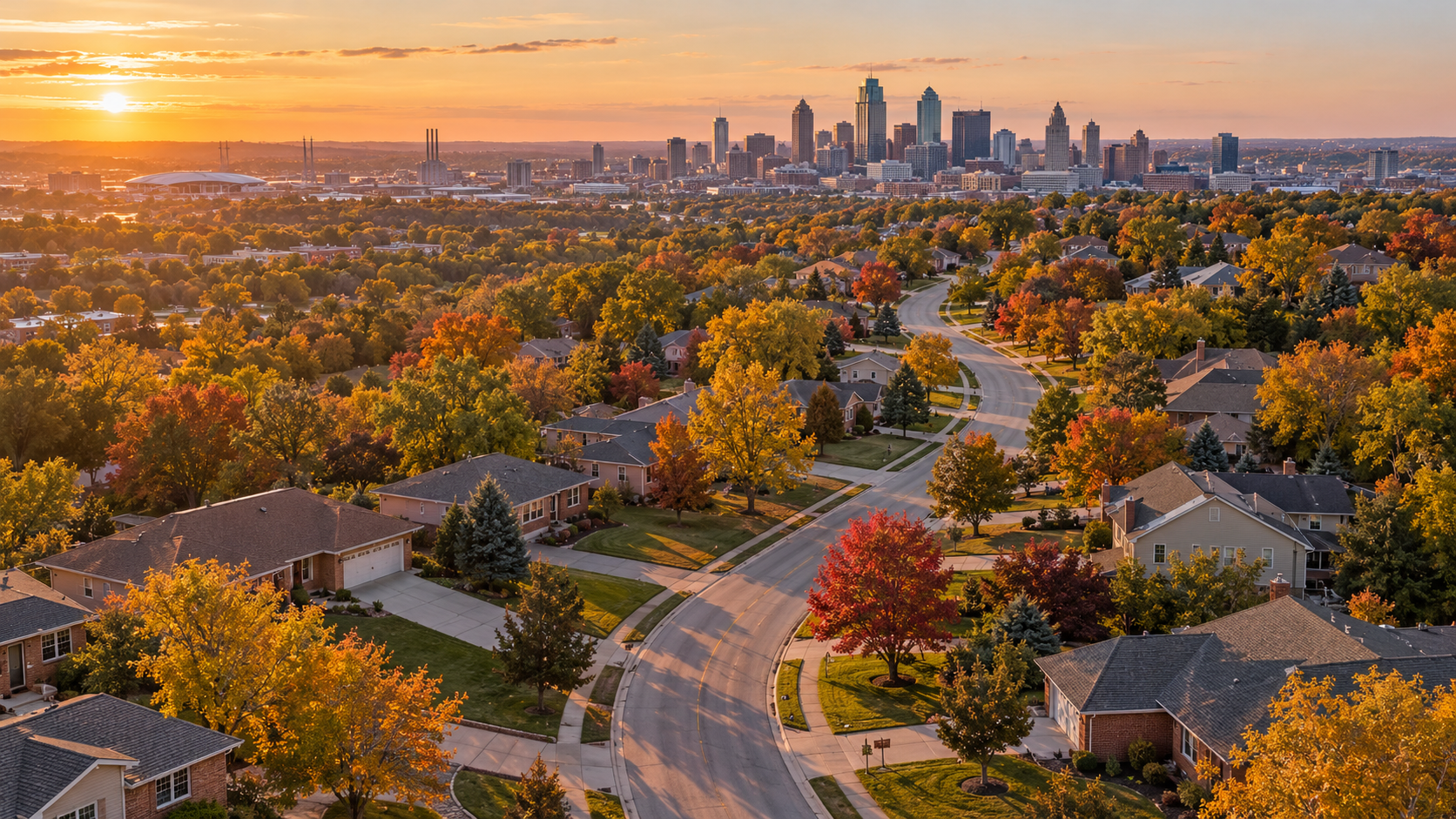 Aerial view of a tree-lined Kansas City neighborhood with a curving road, autumn foliage, and downtown skyline in golden-hour sunlight.