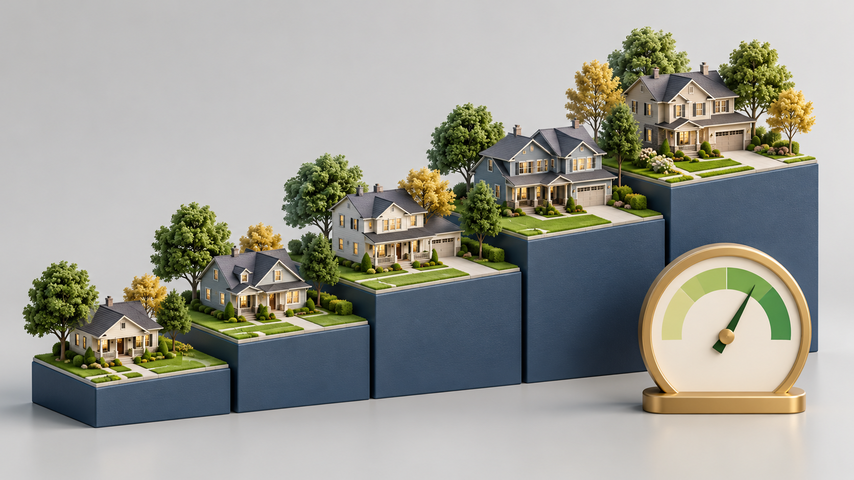3D illustration of homes and trees on a rising stair-step chart, with a green gauge symbolizing steady housing market growth.